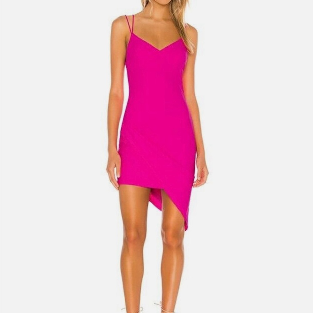 Hot Pink Bodycon Superdown Thalia Asymmetrical Dress with Flowing Hemline